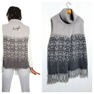 Desigual Gray Two Tone Print Poncho Sweater High Neck Fringe One Size